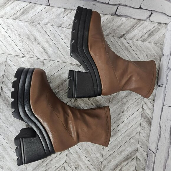 Chunky Platform Brown Faux Leather Boots Lug Sole Womens 9 Bratz Style 4" heel - Picture 12 of 16